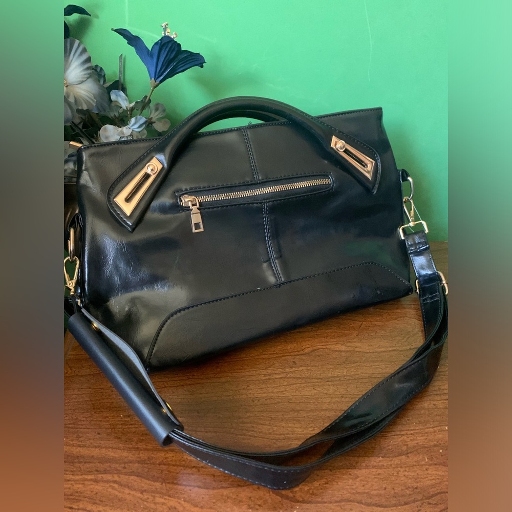 Black Leather Satchel with Gold Hardware